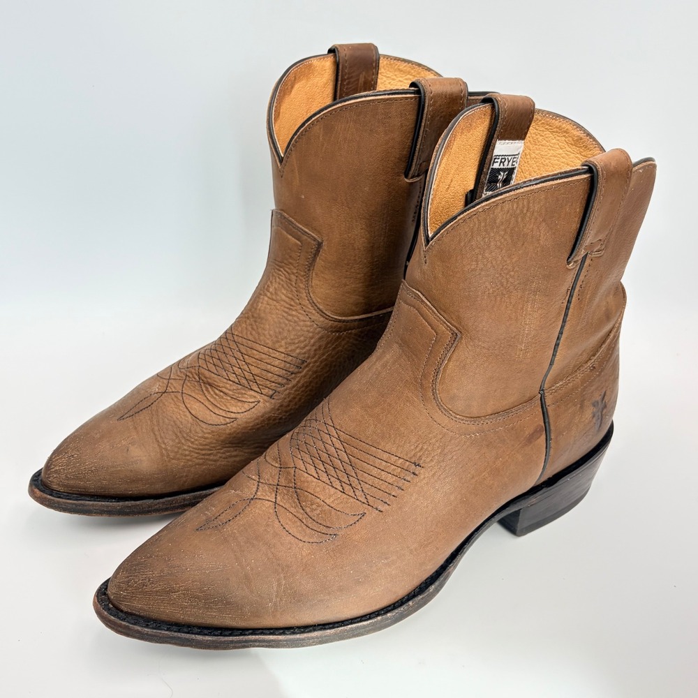 Frye Billy Short Tan Leather Western Ankle Boots Women's 10 B Cowgirl Prairie - Picture 2 of 13
